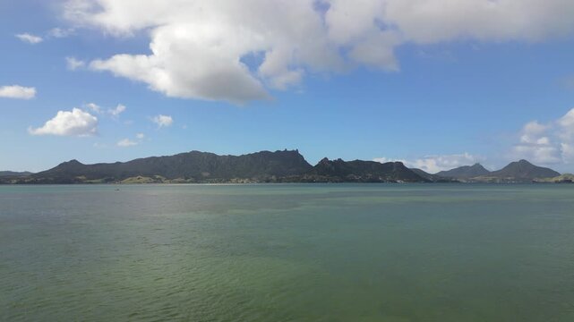 Manaia Mountain Range Whangarei Heads Northland New Zealand Drone Track Forward Low Over Sea 4K 30FPS