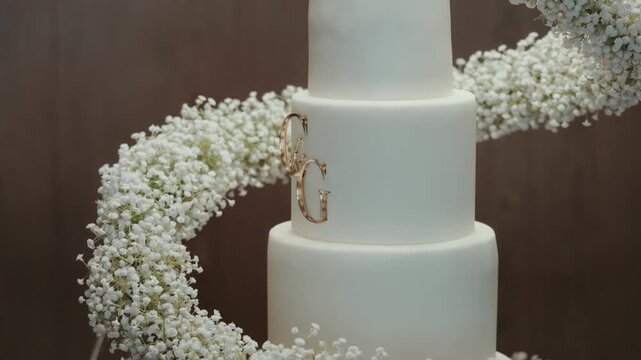 Tiered white wedding cake decorated with gold initials and baby breath flowers