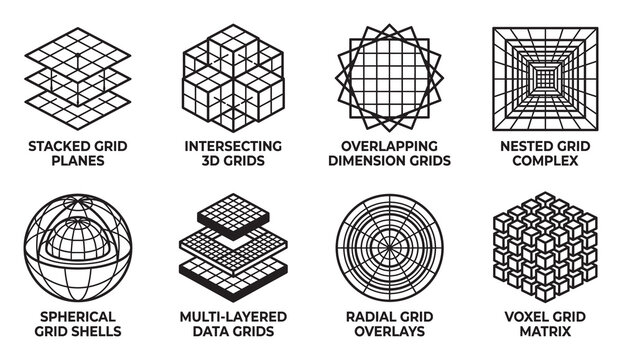 Grid abstract structures complex dimensional planes and shells for technology design.