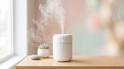 Fototapeta premium Small white ultrasonic humidifier emitting a cool mist on a wooden table next to a small ad social media download thambnail poster web template event festival 2026 2027 2028