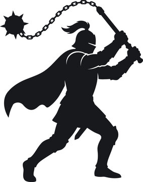 Silhouette knight with flail weapon, medieval knight in armor.