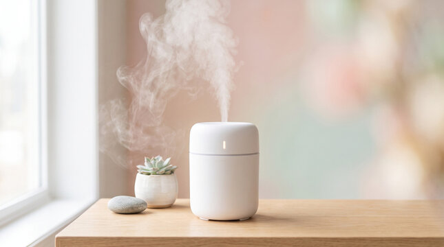 Small white ultrasonic humidifier emitting a cool mist on a wooden table next to a small ad social media download thambnail poster web template event festival 2026 2027 2028