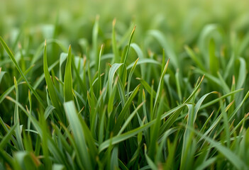 Obraz premium Lush green grass blades in a field, growth, nature, and environmental freshness with a shallow depth of field