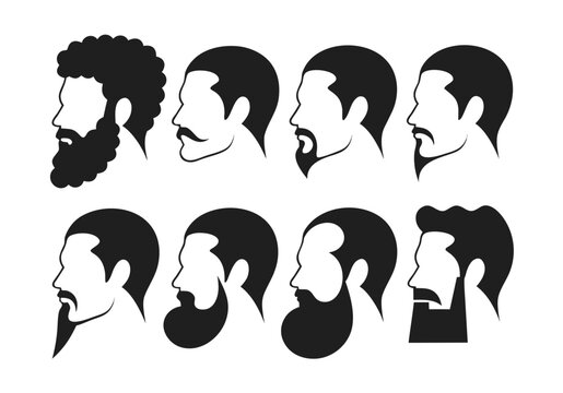 Collection of eight black silhouettes showing various men head profiles with different beard styles, haircuts, and facial hair types, isolated on a white background, set ... See More
