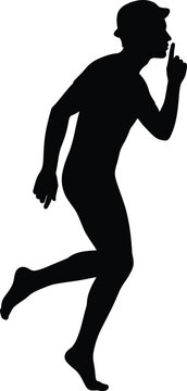Silhouette of person running and making hush gesture with finger to lips