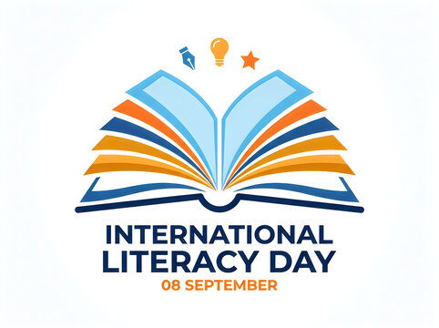 International literacy day design with open book, pen, light bulb and star icon isolated on white background
