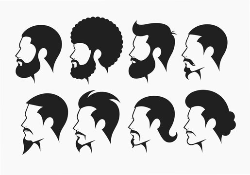 Collection of eight black silhouettes showing various men head profiles with different beard styles, haircuts, and facial hair types, isolated on a white background, set ... See More

