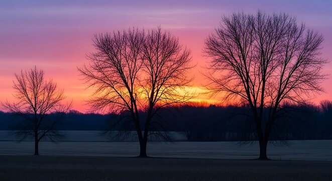 Sunset silhouette of bare trees with warm sky glow
