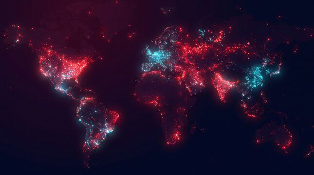 Abstract digital world map with glowing red and blue particles representing global network connection cyber security data communication and international technology infrastructures.