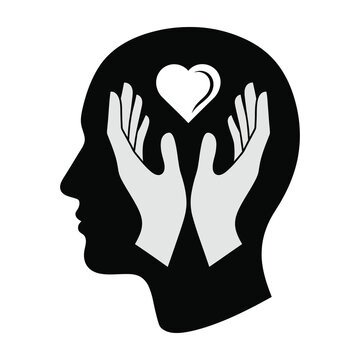 Hands cradling heart in head silhouette symbolizing love and care