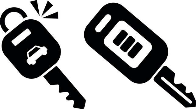Black and white car and house key icons with ring and keychain