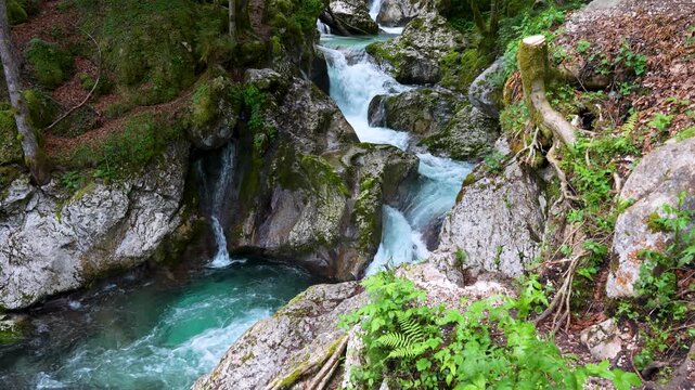 Handheld tilt-up reveal of cascading water, rocky pools and forest scenery at &Scaron;unik Water Grove in Lepena Valley, Triglav National Park, Slovenia