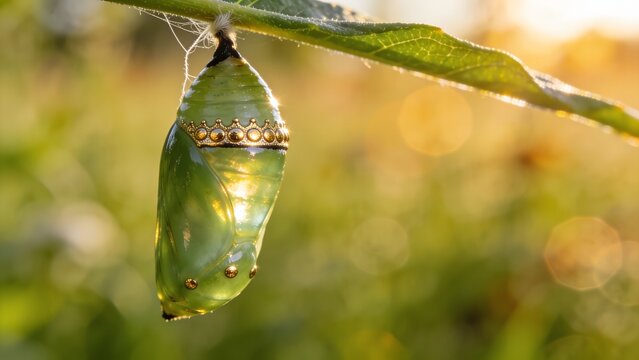 A detailed macro photo of a green monarch butterfly chrysalis hanging under a leaf with golden spots perfect for biology textbooks, nature documentaries, and wildlife graphics.