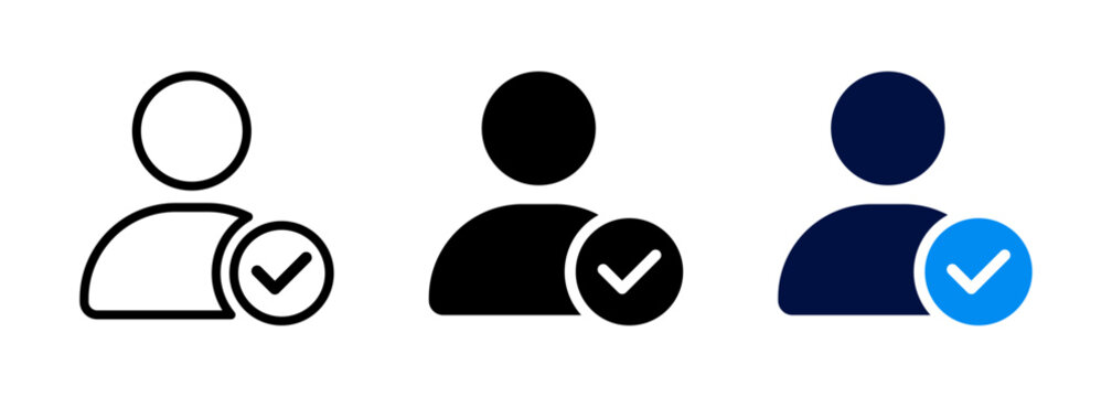 User account icon with tick mark. Verified profile default avatar for website, app and UI. Transparent vector and PNG