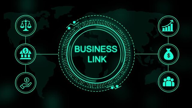 Digital interface with glowing cyan text business link surrounded by circular of scales bank building money bag growth chart and group of people
