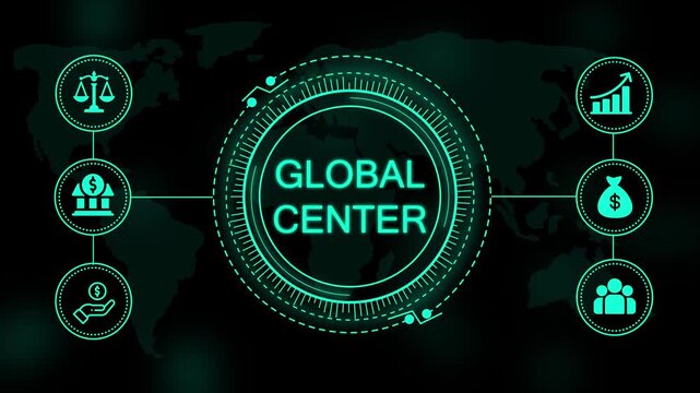 Glowing cyan digital interface with global center text surrounded by financial and a map background for business and technology concepts