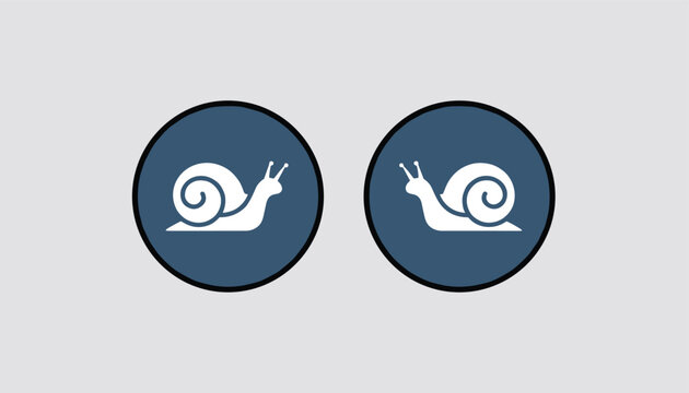 Set of two circular icons featuring a simple white snail silhouette on a dark blue background, emphasizing slow and steady movement.