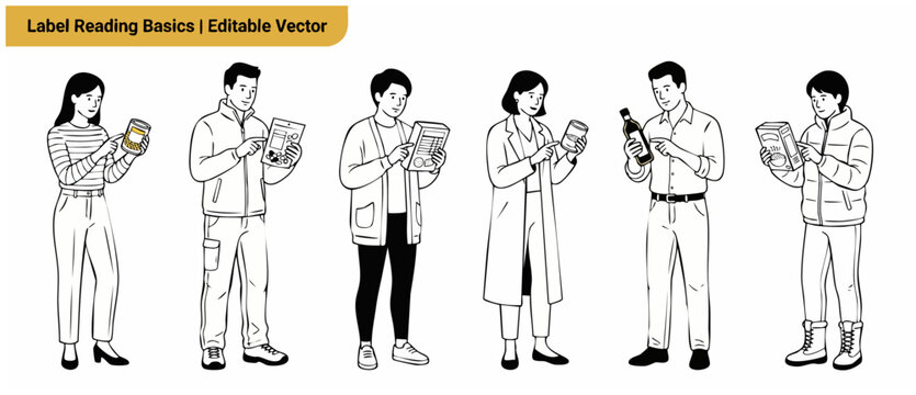 People reading nutrition labels vector set of diverse characters checking product packaging ingredients and nutritional value for healthy lifestyle choices, clean minimalist line art illustration.