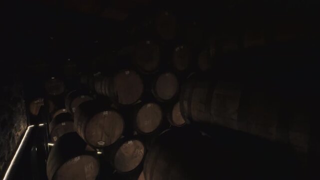 Tequila barrels aligned along a dimly lit aging cellar corridor inside a traditional distillery showcasing organized storage premium spirit maturation craftsmanship and authentic tequila production