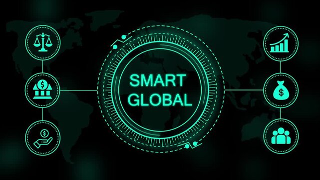 Digital interface with glowing cyan text reading smart global surrounded by circular of scales bank building money bag and growth chart