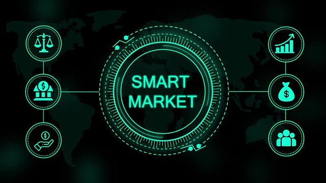 Digital interface with glowing cyan text reading smart market surrounded by circular of scales bank building money bag and growth chart