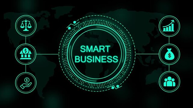 Digital interface with glowing cyan text reading smart business surrounded by circular of scales bank building money bag and growth chart