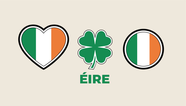 Icons of the Irish flag in heart and circle shapes with a four-leaf clover symbol and the text Eire below.