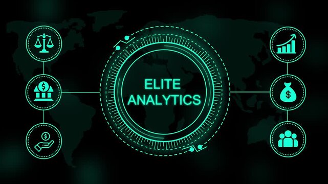 Digital interface with glowing cyan text reading elite analytics surrounded by circular of scales bank building money bag and growth chart