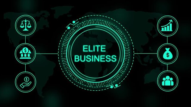 Neon teal elite business text displayed inside a circular digital interface with surrounding financial and a dark map background