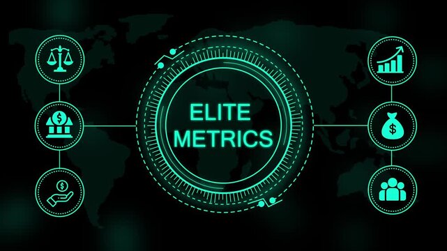 Glowing teal elite metrics text centered within a circular digital interface surrounded by financial and a dark map background