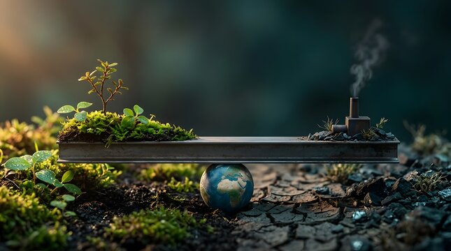 Climate change balance concept with green nature and polluting factory on earth scale