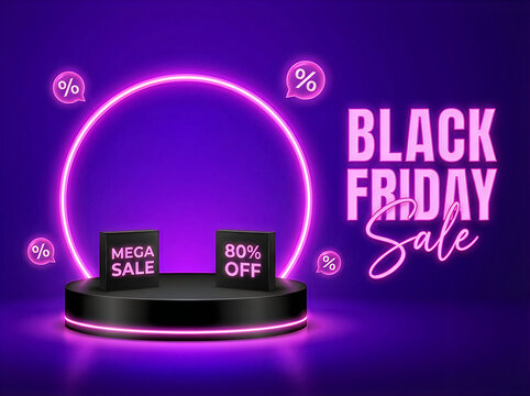 Black friday sale neon sign with product display podium, 80% off mega sale promotion, purple background with glowing circular frame and percentage icons