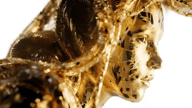 A futuristic golden humanoid figure with intricate, flowing metallic textures on its face and head is captured in a striking side-profile view against a clean white background