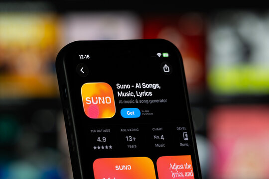 San Francisco, United States - 11 July 2026: App Store page of the Suno app is seen on a smartphone screen.