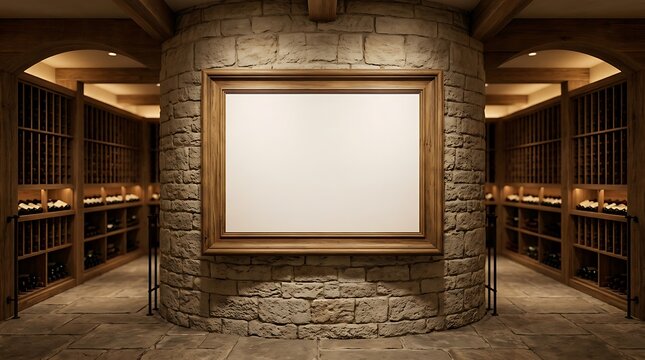 Blank wooden frame mockup on stone wall in a luxury wine cellar basement with bottles and racks.