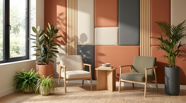 Modern biophilic waiting room interior with colorful acoustic panels and armchairs
