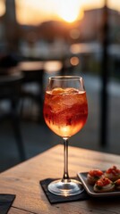 Naklejka premium Closeup elegant low alcohol spritz on a cafe table at sunset with canapes for cocktail background and banner design