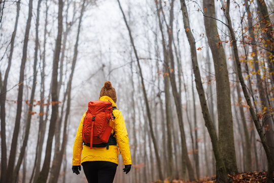 Outdoors adventure. Tourist with backpack hiking in fog at forest. Woman wearing sport clothing for autumn leisure activity