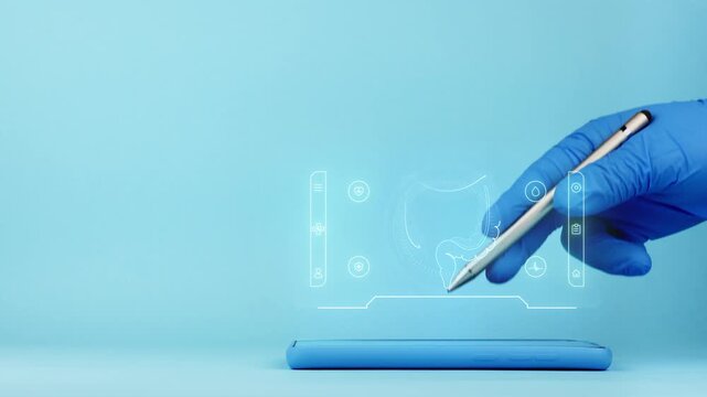 A doctor's hand presents a medical interface on a smartphone. App for large intestine and colorectal cancer prevention. Modern medicine. Isolated on a light blue background.