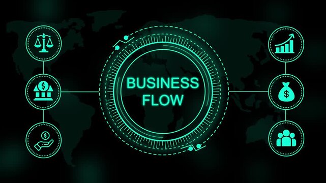 Glowing cyan digital interface with text business flow surrounded by circular of scales bank building money bag growth chart and group of people