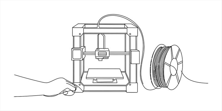 A hand operating a 3d printer with a filament spool reel for rapid prototyping and manufacturing technology creating new objects in a modern workshop