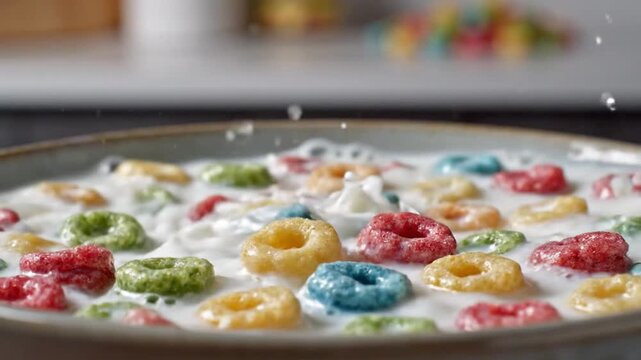 Colorful cereal rings splashing into bowl of fresh milk