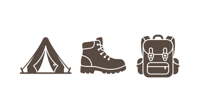 Camping and hiking gear icon set featuring tent hiking boots and backpack adventure equipment traveling wilderness mountain exploration trekking footwear