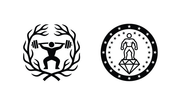 Two circular black and white logos featuring athletes weightlifting and a bodybuilder standing on a diamond with stars on a white.