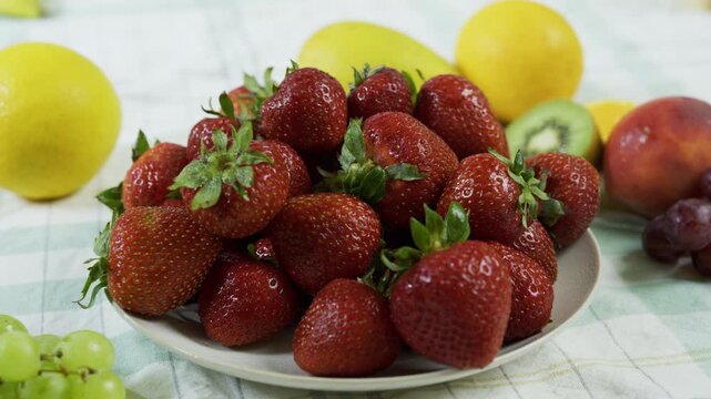 Beautiful, fresh strawberries stacked on small plate - medium tracking shot