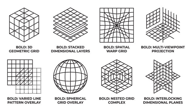 Bold 3d geometric grid and layered dimensional planes abstract design.
