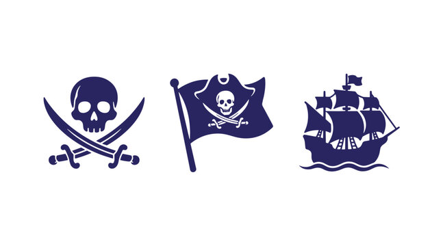 Set of three nautical pirate themed vector icons featuring skull and crossbones with crossed cutlasses flag and antique sailing ship crossbones nautical maritime adventure