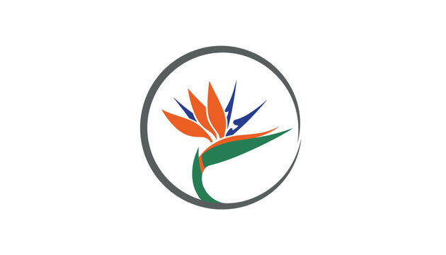 Vector art of a bird of paradise flower logo design inside a circular frame featuring vibrant orange, blue, and green colors on white.