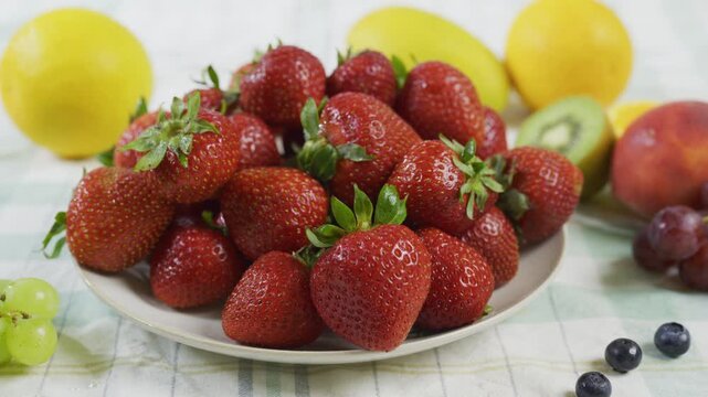 Bright, fresh, delicious strawberries on plate near other fruit on kitchen counter - medium, tracking shot