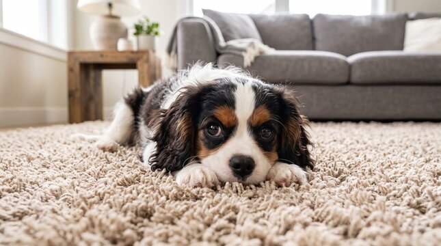 Adorable cavalier king charles spaniel puppy lying on beige carpet in cozy living room with cavalier domestic adorable